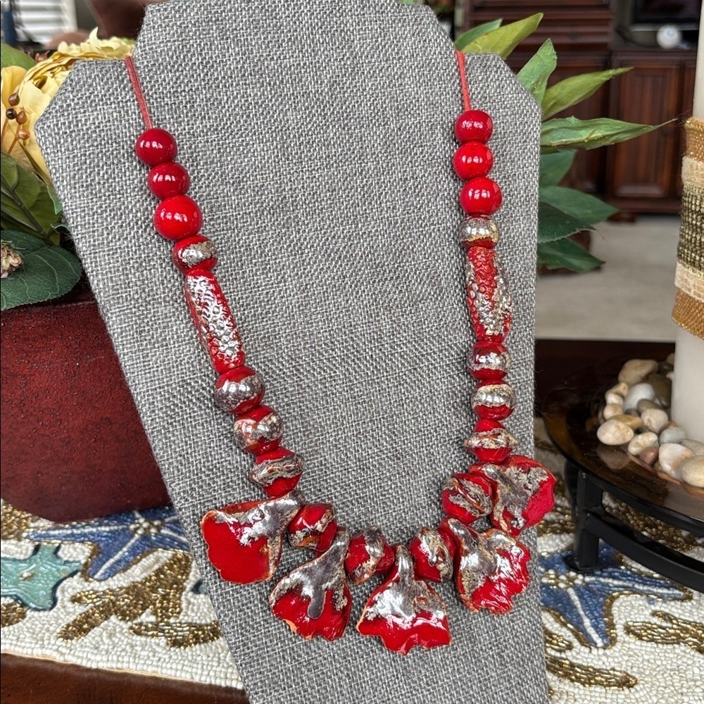 Vintage Red & Silver Tone Beaded Long Necklace Leather Cord Abstract Ceramic - Picture 6 of 15
